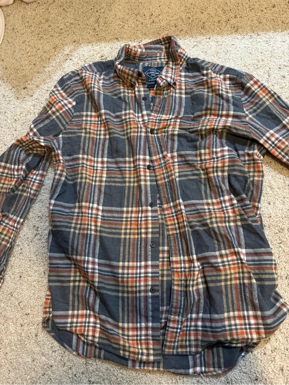 St. John's Bay Men's Gray Plaid Button-Down Shirt with Orange Accents